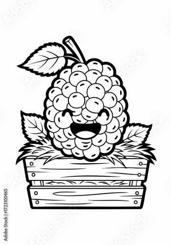 cute cartoon mulberry fruit in wooden crate.