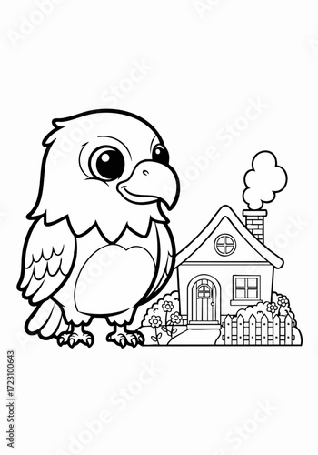 cute little bird in front of a small house.