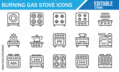 Gas Stove Line Icons – Burners, Ovens, Hobs – Editable Stroke