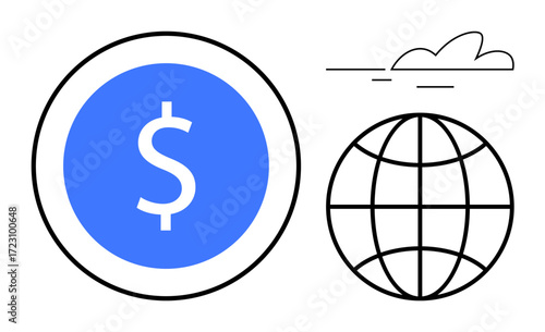 Blue currency dollar sign in circular frame, globe grid, and cloud element. Ideal for finance, global trade, e-commerce, technology, digital economy internet globalization concepts. Simple flat