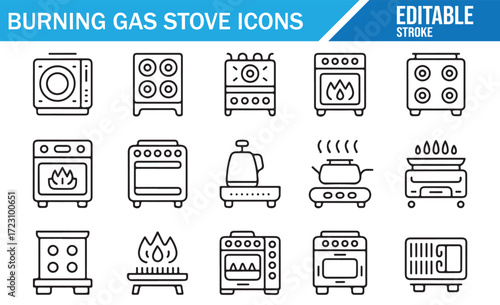 Burning Gas Stove Icons Set – Editable Stroke Outline Vector of kitchen appliances: burners, cooktops, hobs, ovens, flames, and controls for cooking, safety, and ignition – black and white UI pack