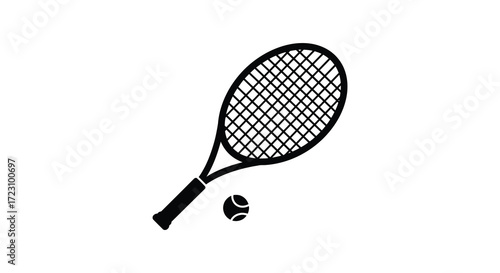 A black tennis racket and ball as a striking graphic silhouette