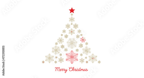 Elegant Christmas tree design with golden snowflakes and red star, perfect for festive greetings and seasonal promotions