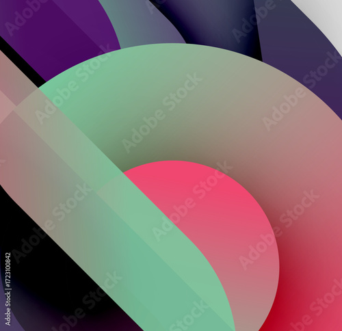 Abstract composition. Overlapping translucent shapes create vibrant color blends. Soft gradients suggest depth, form. Minimalist design.