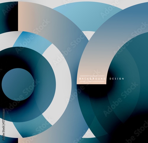 Abstract circles overlap, creating modern geometric pattern. Shades range from dark blues to light grays. Minimalist design.