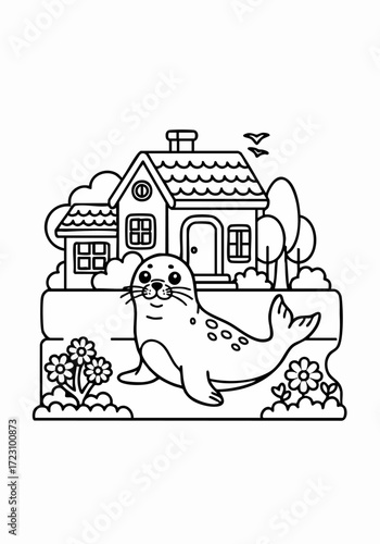Adorable smiling spotted seal pup cartoon illustration.