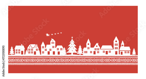 Festive Christmas village scene with Santa's sleigh flying, ideal for holiday greetings, cards, seasonal promotions