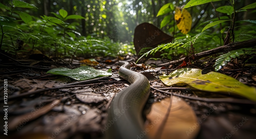 Obraz premium Serpent slithering through lush rainforest foliage, sunlight filtering through dense canopy above
