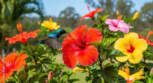 Hummingbird Feeding on Vibrant Hibiscus Flowers in Tropical Garden.