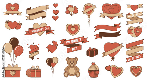 Romantic Valentine's Day designs including hearts, banners, gifts, teddy bear, and cupcake for creating heartfelt messages