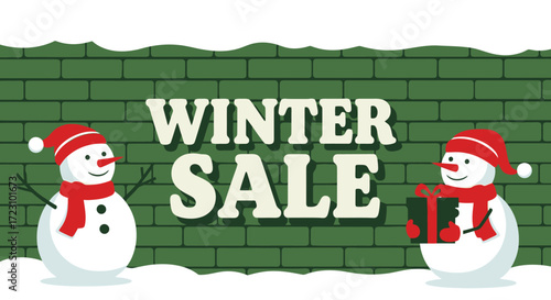 Cheerful snowmen announce Winter Sale with gifts, perfect for holiday promotions and seasonal advertising campaigns