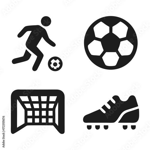 Soccer Black Icons – Player, Ball, Goalpost, Shoes
