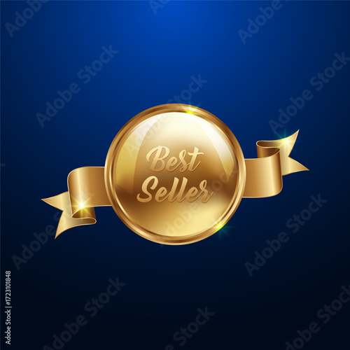 Vector art of golden best seller badge with ribbon on a dark blue gradient background