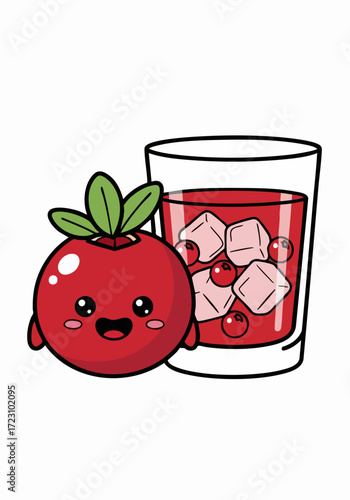 Cute Kawaii Cranberry Character and Cranberry Juice with Ice Cubes.