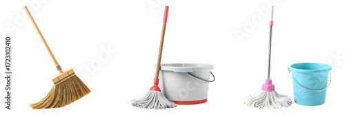 Cleaning essentials including a broom, mop and bucket trio presented vibrantly on transparent background