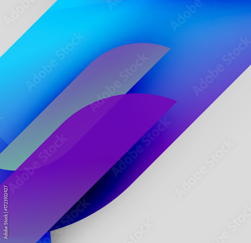 Abstract gradients, blue purple hues dominate. Diagonal shapes overlap creating dynamic visual effect. Minimalist design, smooth transitions present.