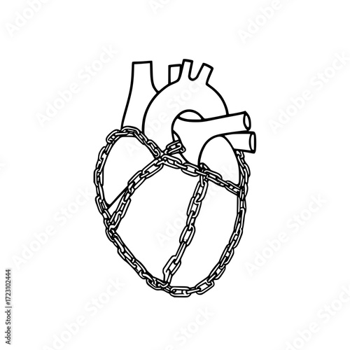 Heart in chains concept art, symbolizing emotional burden and restriction, digital illustration