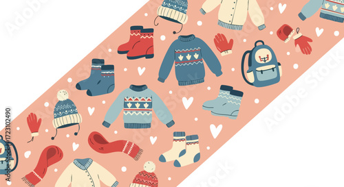Cozy winter essentials like sweaters, hats, scarves, boots, and backpacks arranged playfully on a soft pink background with hearts