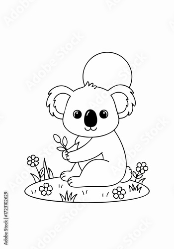 Cute Koala Coloring Page for Kids, Simple Animal Illustration.