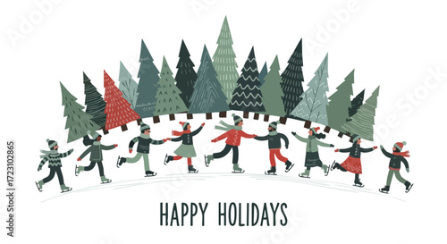 Delightful happy holidays scene with people ice skating among snow covered fir trees for seasonal cards and winter celebrations