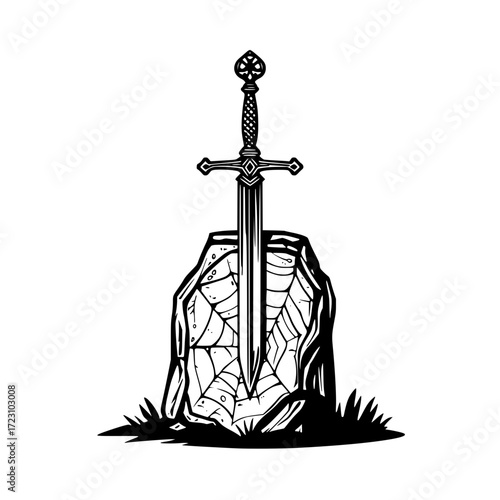 Medieval sword in stone, a symbol of legend, fantasy, and historical adventure tales concept