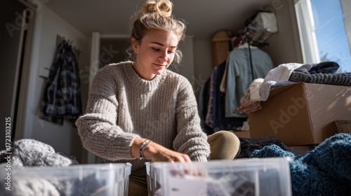 Young Caucasian woman with blonde hair organizes items in clear plastic boxes in a bright room. Clothes and personal items are scattered around.