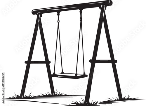 Playground Silhouette: An inviting and playful image presents a black and white line-art rendering of a classic park swing set, invoking a sense of nostalgia and carefree childhood fun.