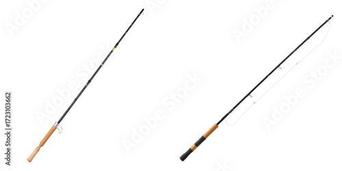Two distinct fishing rods, equipment for angling, represented with clarity and precision on transparent background