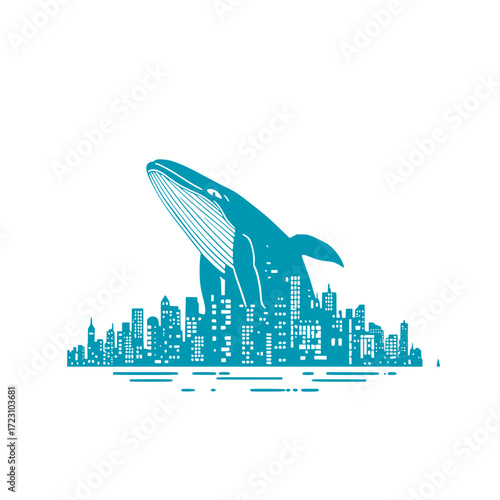 Majestic whale breaching above modern city skyline, a symbol of urban nature balance concept