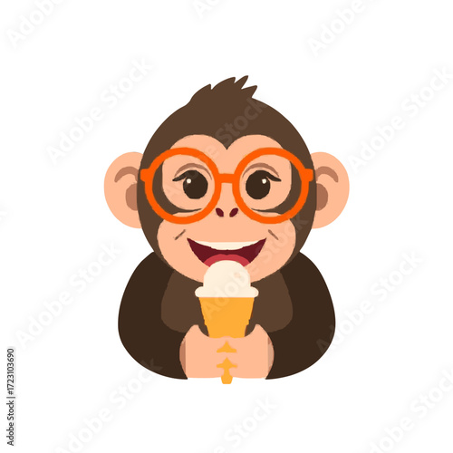 Adorable monkey wearing glasses enjoys a sweet ice cream treat, radiating joy and playful charm for any design