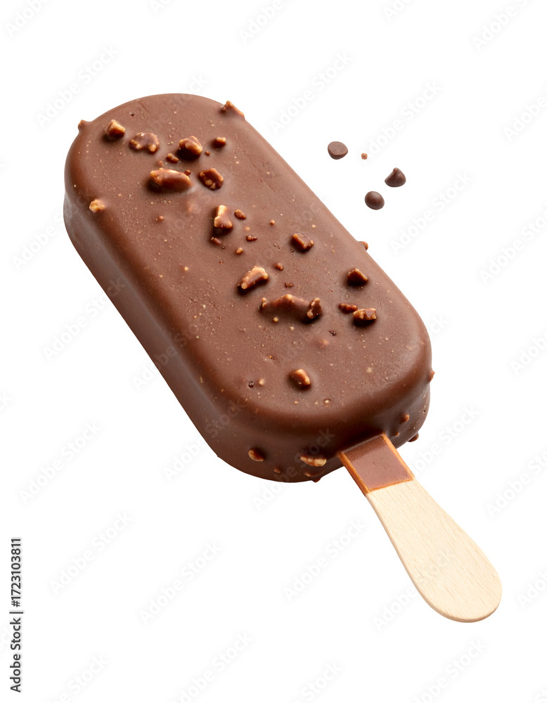 Obraz premium A rich chocolate popsicle coated in crunchy nuts, isolated on a transparent background. This image is perfect for summer themes, ice cream promotions, or as a high-quality food mockup.