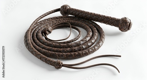 Meticulously handcrafted brown leather whip, intricately braided and coiled, with a robust handle, isolated on a clean white background, highlighting its classic and durable design