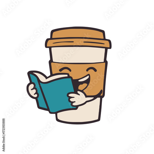 Cheerful coffee cup character happily engrossed in reading a captivating teal colored book today