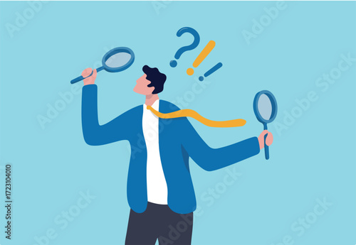 Observation or examination, curiosity to discover secret, search or analyze information, investigate or research concept, curious businessman holding magnifying glass observe data with question mark