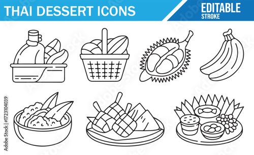 Thai Snack and Dessert Icons – Line Art Food Bundle