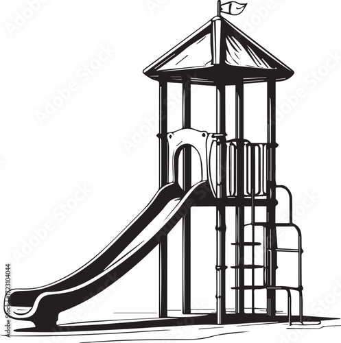 Playground slide: A detailed line art illustration of a playground slide structure, perfectly suited for children's recreational areas.