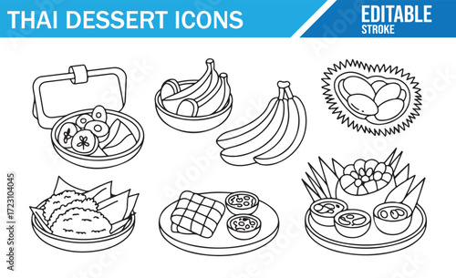 Black and White Thai Dessert Outline Set – Vector Elements