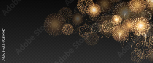 Magic fireworks in the night sky, Christmas background for holiday design, poster, postcard on a transparent background, png. Holiday lights.	
