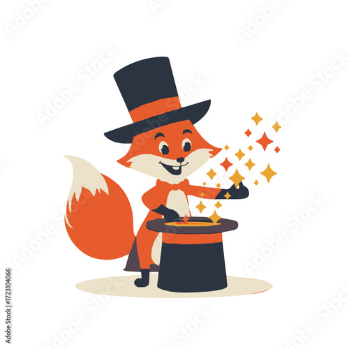 Adorable fox magician performing magic with hat and sparkling stars, a whimsical charm for kids