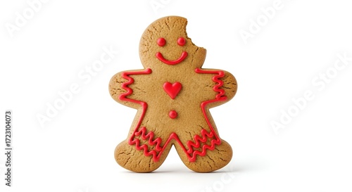 A classic Christmas gingerbread man cookie with festive red icing and a missing bite, standing isolated on a pure white backdrop