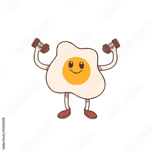Whimsical smiling egg character lifting dumbbells, promoting fitness and healthy eating habits