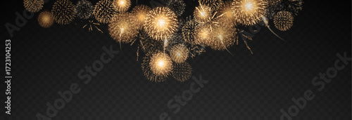 Magic fireworks in the night sky, Christmas background for holiday design, poster, postcard on a transparent background, png. Holiday lights.	
