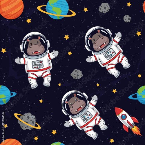Playful cartoon hippos in astronaut suits floating in space with planets stars and rockets Fun adventure