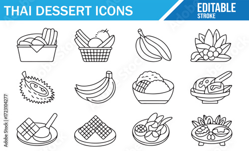 Outline Icons of Traditional Thai Sweets and Fruits – Black and White