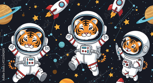 Adorable tiger astronauts float joyfully in space amidst rockets planets and stars Childhood adventure