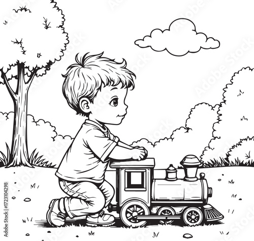 Child's Playtime with a Toy Train: A charming illustration captures a young child's imagination and curiosity as he plays with his toy train in a serene outdoor setting.