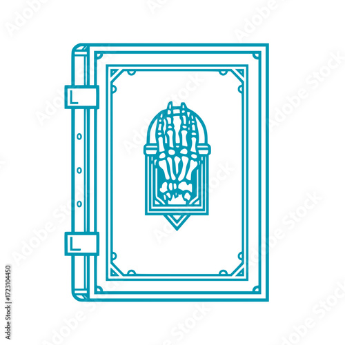 Mystic grimoire with skeletal hand emblem evokes mysterious lore, fantasy, and occult secrets