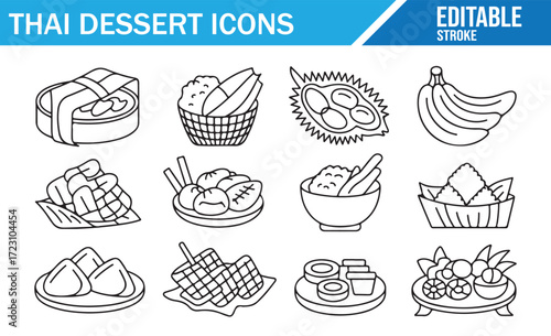Thai Dessert Icons Set – Editable Stroke Outline Illustration of Traditional Thai sweets, fruits, and dishes including mango sticky rice, durian, bananas, and coconut in baskets, bowls, and plates – b