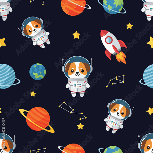 Cute astronaut dogs and rockets explore planets in a whimsical space pattern