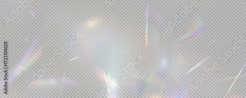 Set of rainbow light flares, reflection effect, falling confetti. Light rainbow lights with transparent effect, sparkling prism, stripe overlay, rainbow crystal, vector, png.